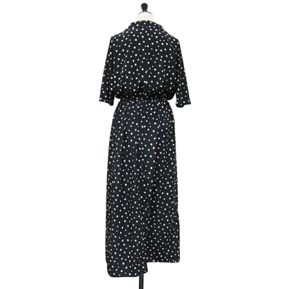 オープンカラー ドット ワンピース / ロング丈 半袖 開襟 ギャザー 総柄