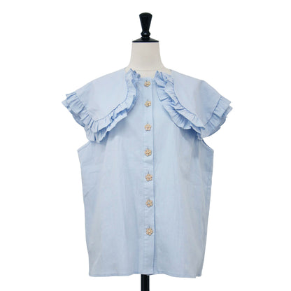 フリルカラー ブラウス / Notes Oversized Collar Blouse ノースリーブ ダブルカラー 襟 ビジュー釦