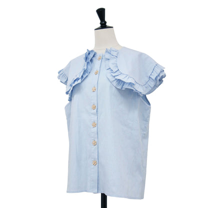 フリルカラー ブラウス / Notes Oversized Collar Blouse ノースリーブ ダブルカラー 襟 ビジュー釦