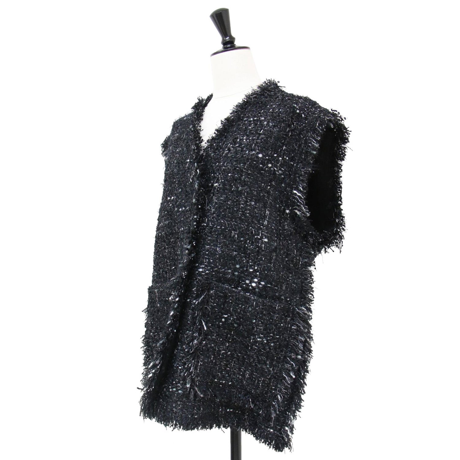 【未使用】　sheller シェリエBrilliantフリンジツイードジレ　黒 Pierrot ベスト ジレ ノーカラーツイードジレ レディース