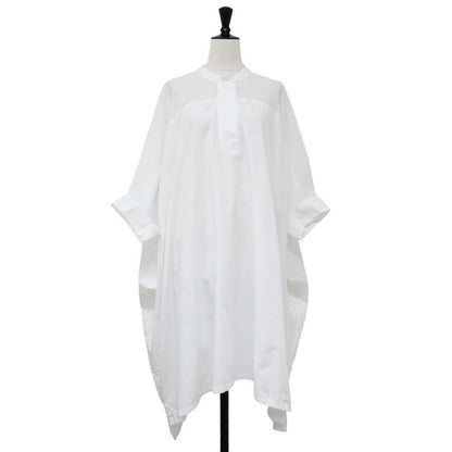 シアー ワイド ワンピース / シャツワンピース ミディ丈 スタンドカラー 5分袖 コットン