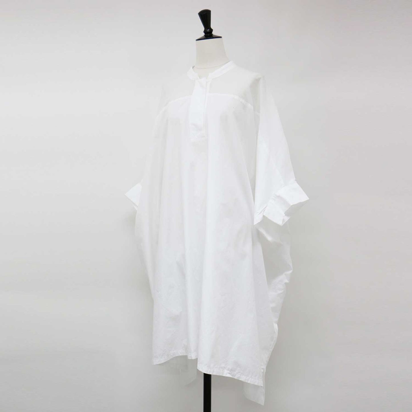 シアー ワイド ワンピース / シャツワンピース ミディ丈 スタンドカラー 5分袖 コットン