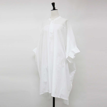 シアー ワイド ワンピース / シャツワンピース ミディ丈 スタンドカラー 5分袖 コットン