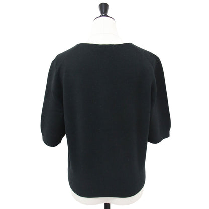 コットン カシミヤ バイカラー ハーフスリーブ カーディガン / ニット 半袖 五分袖 クルーネック パール ビーズ ロゴ