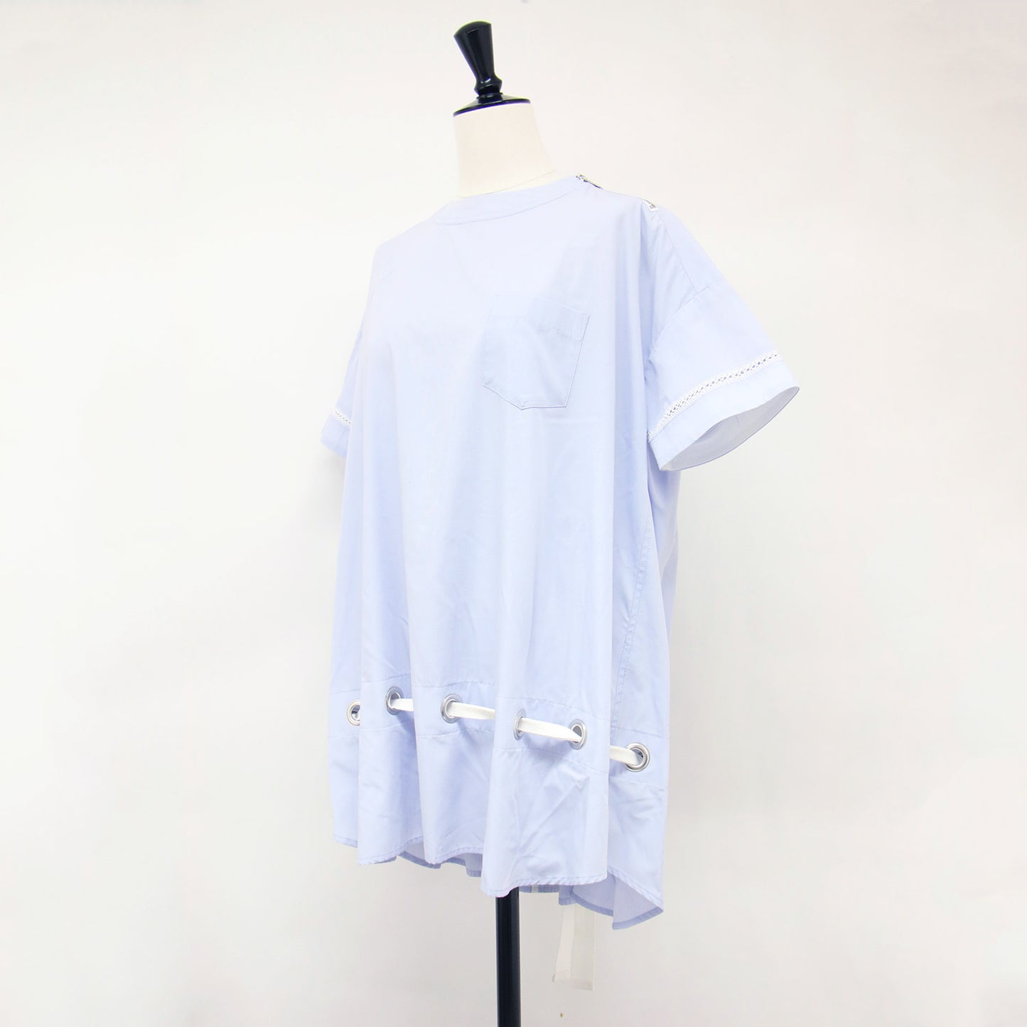 ハトメ リボン ショートスリーブ ブラウス / 半袖 クルーネック はしごレース