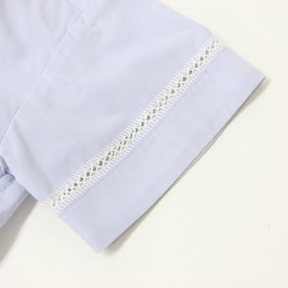 ハトメ リボン ショートスリーブ ブラウス / 半袖 クルーネック はしごレース