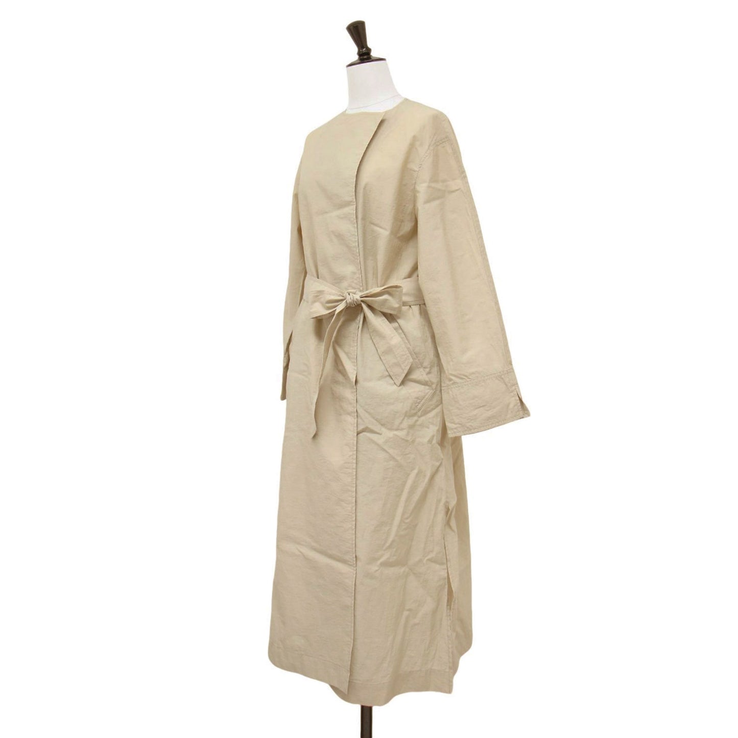 ノーカラー エアリー コート / スプリングコート ロング丈 ベルテッド ベルト スリット コットン ナイロン