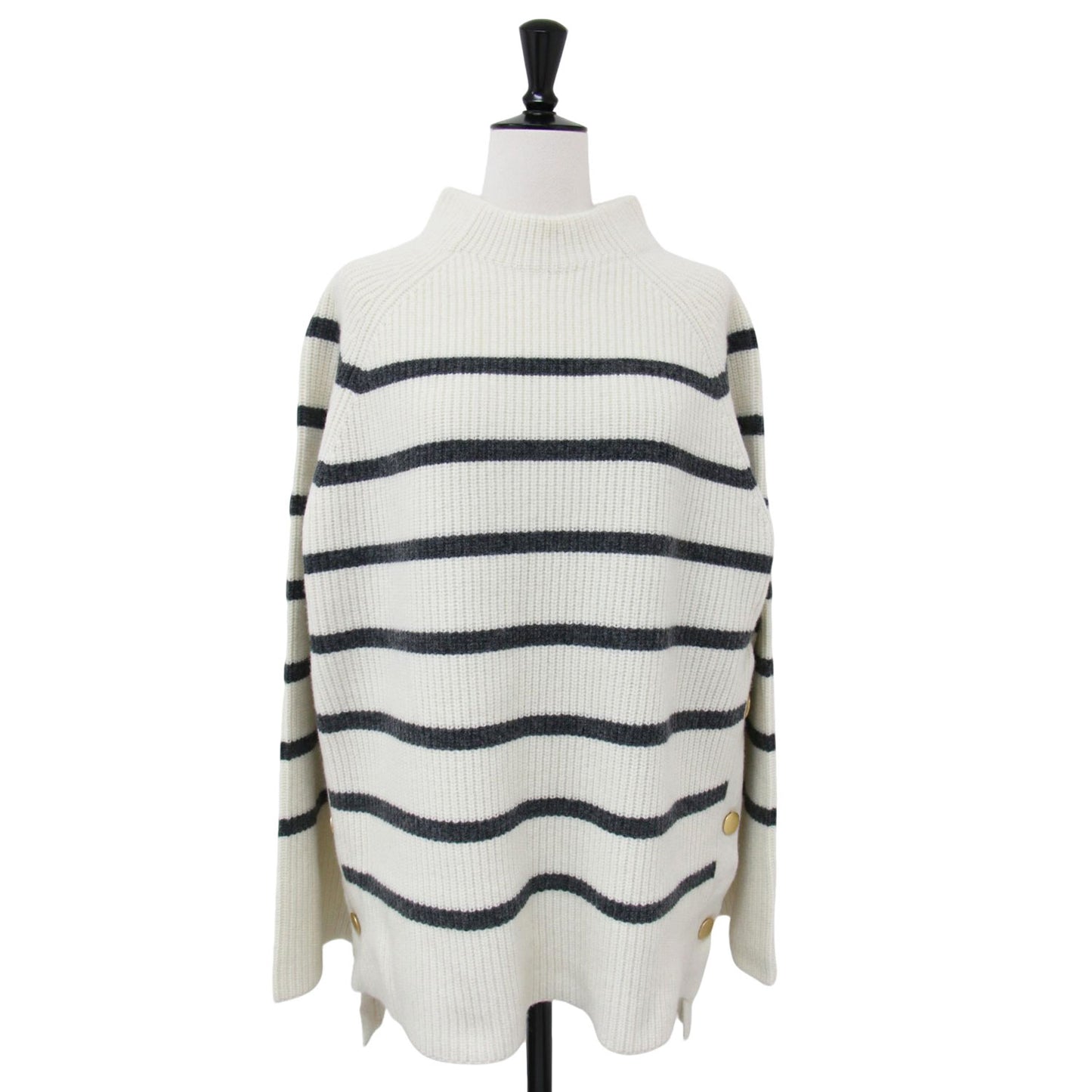 ラムズウール5G ボーダー ニット / セーター 長袖 ハイネック 金ボタン リブ ウール
