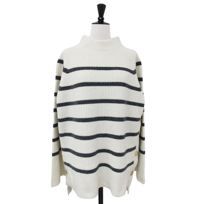 ラムズウール5G ボーダー ニット / セーター 長袖 ハイネック 金ボタン リブ ウール