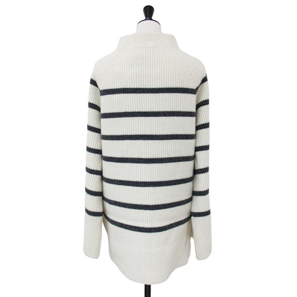 ラムズウール5G ボーダー ニット / セーター 長袖 ハイネック 金ボタン リブ ウール