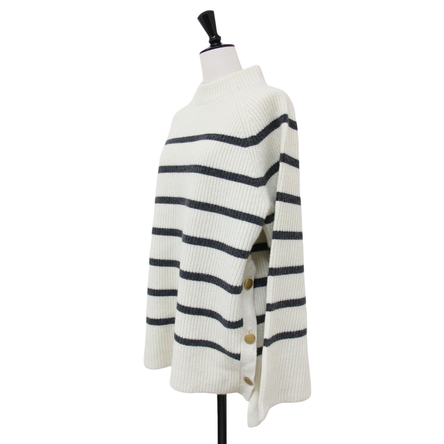ラムズウール5G ボーダー ニット / セーター 長袖 ハイネック 金ボタン リブ ウール