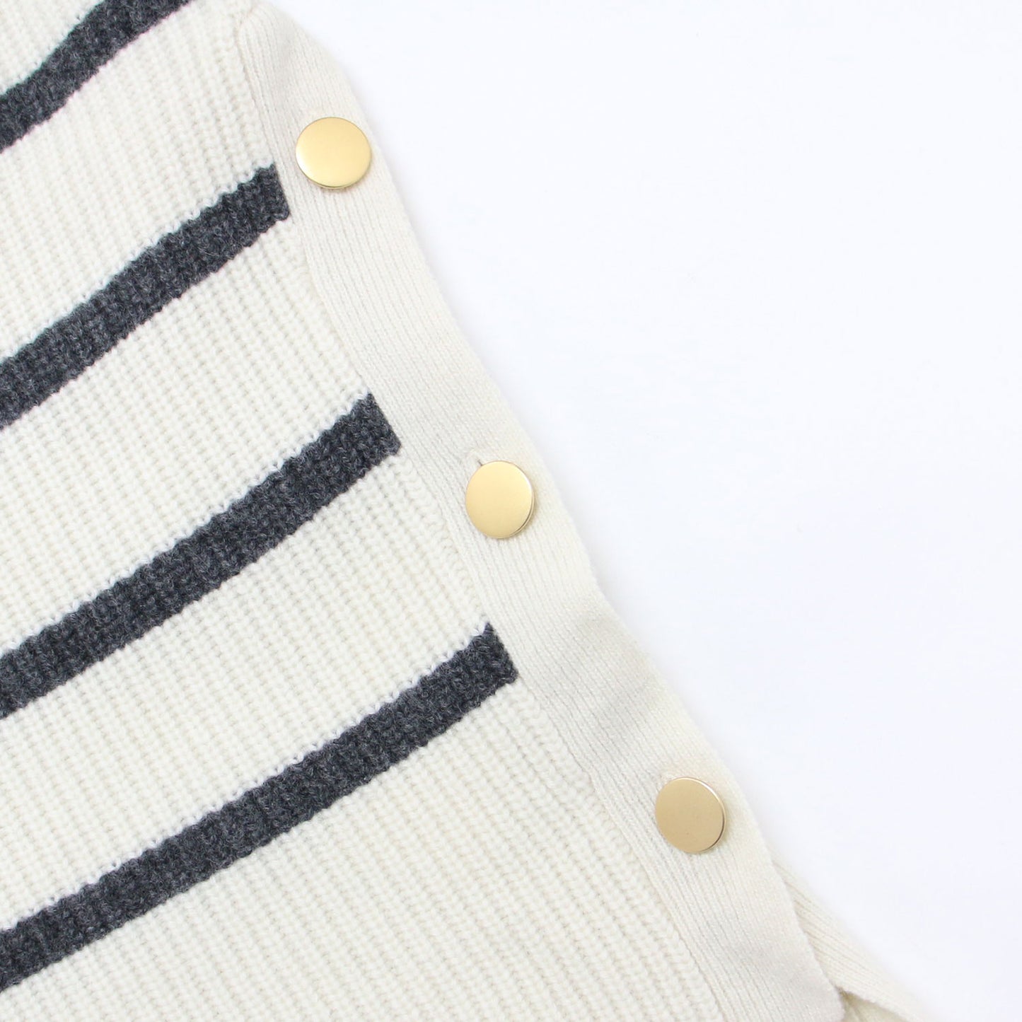 ラムズウール5G ボーダー ニット / セーター 長袖 ハイネック 金ボタン リブ ウール