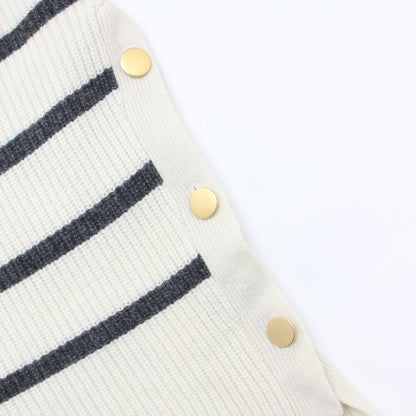 ラムズウール5G ボーダー ニット / セーター 長袖 ハイネック 金ボタン リブ ウール