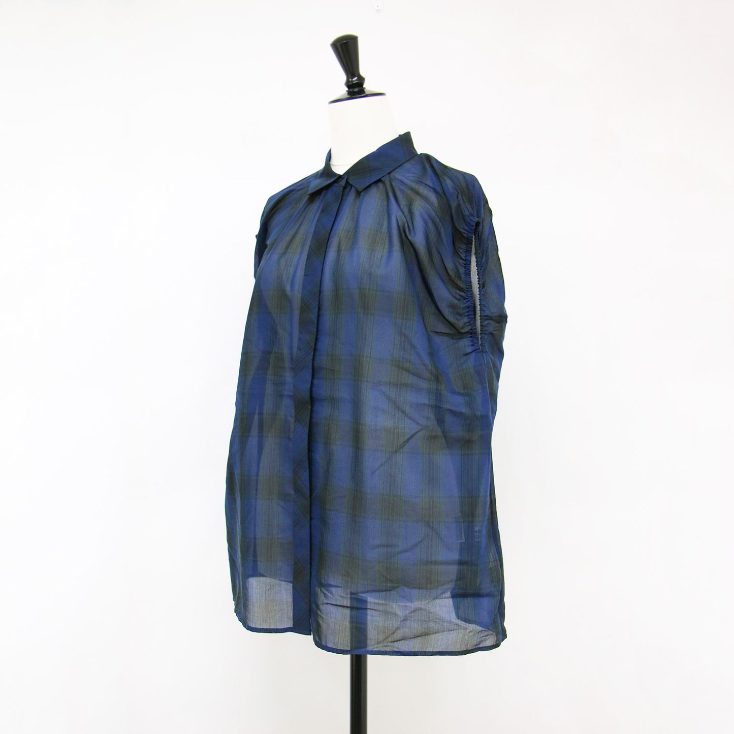 オーガンジー チェック ブラウス / フレンチスリーブ シアー シースルー ギャザー