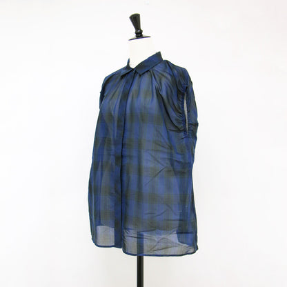 オーガンジー チェック ブラウス / フレンチスリーブ シアー シースルー ギャザー