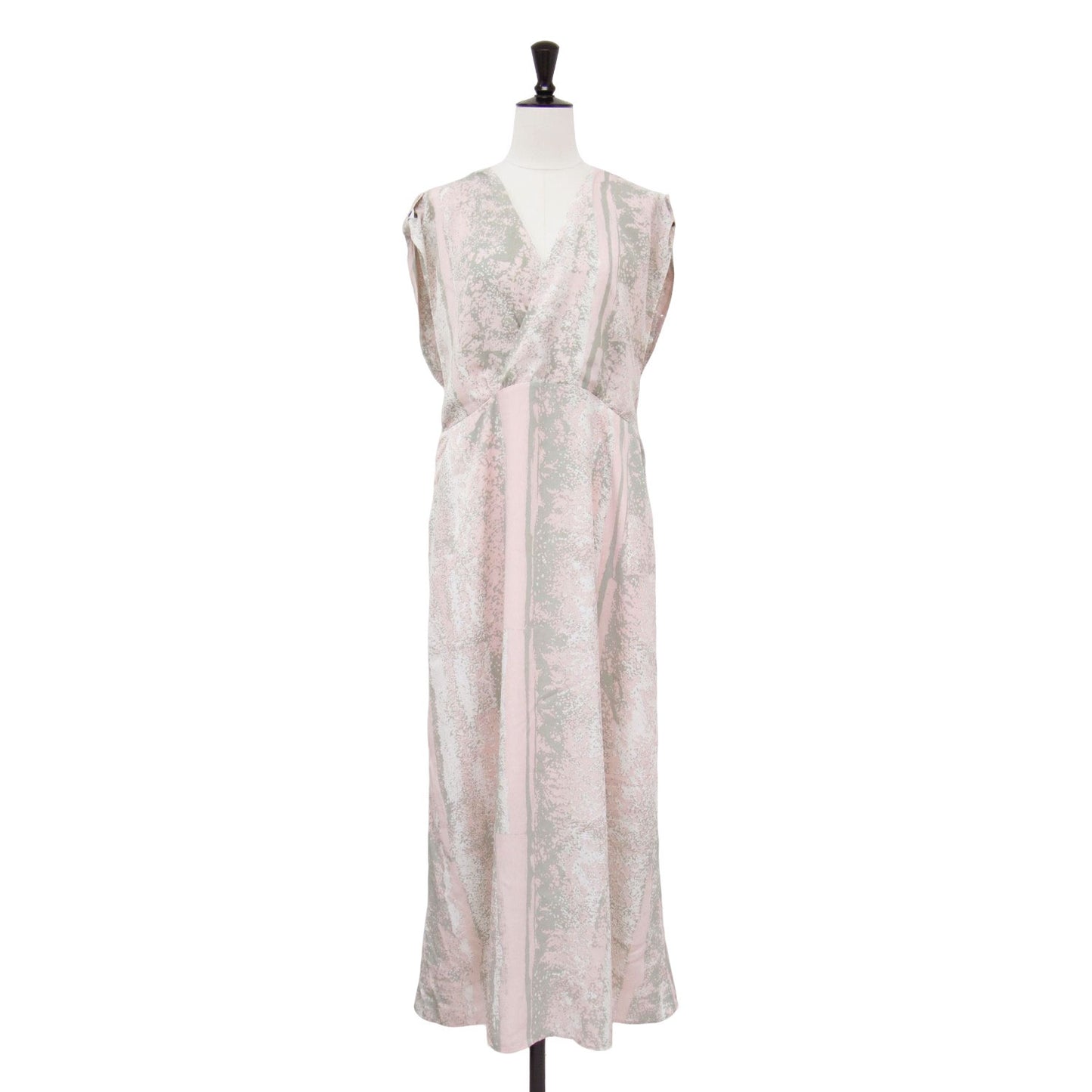 総柄 Vネック マキシ ワンピース / ドレス ノースリーブ フレア