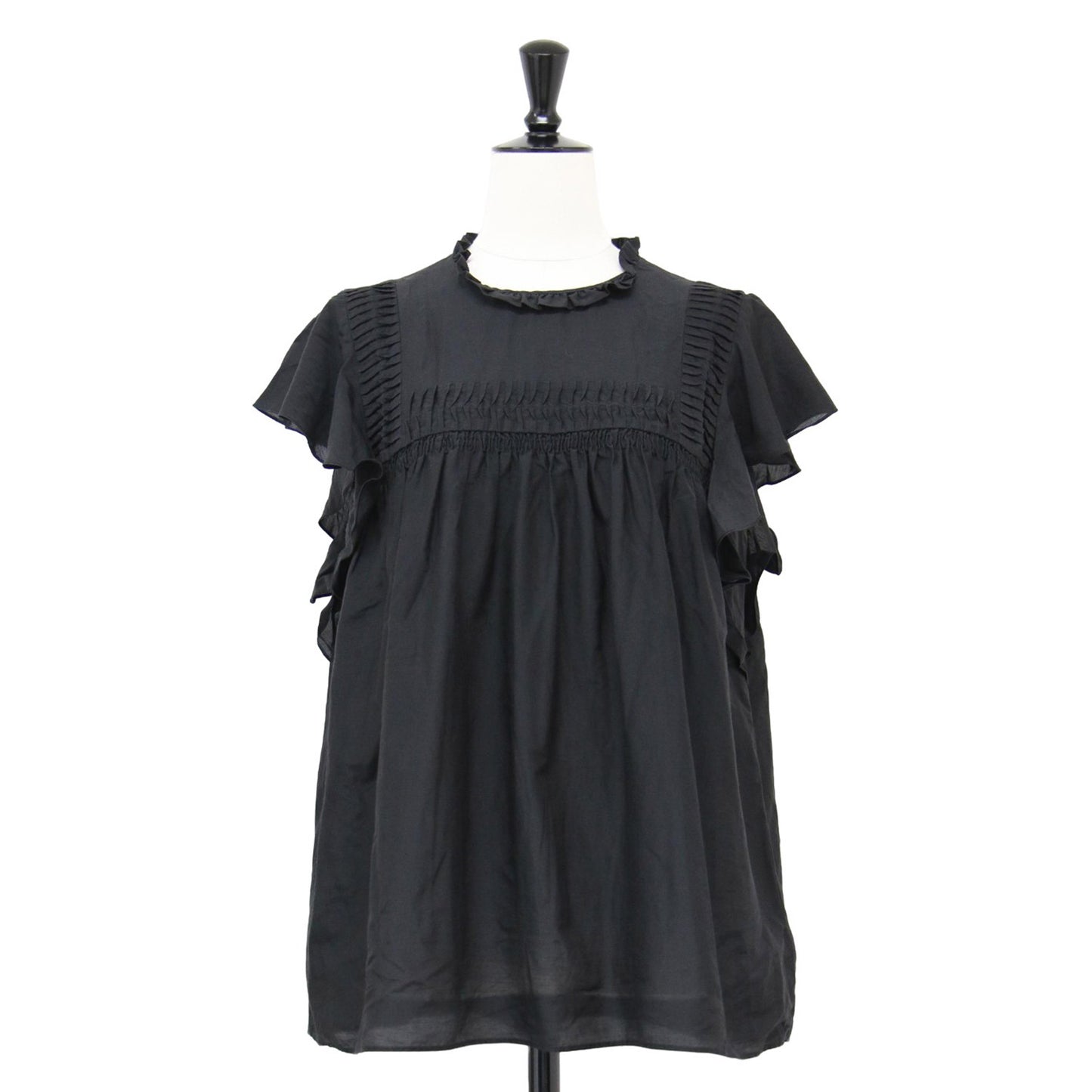 コットン シルク ローン ブラウス / シャツ フレンチスリーブ フリルカラー スモッキング ギャザー Aライン