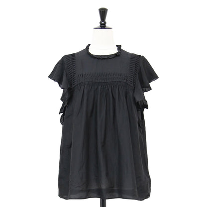 コットン シルク ローン ブラウス / シャツ フレンチスリーブ フリルカラー スモッキング ギャザー Aライン