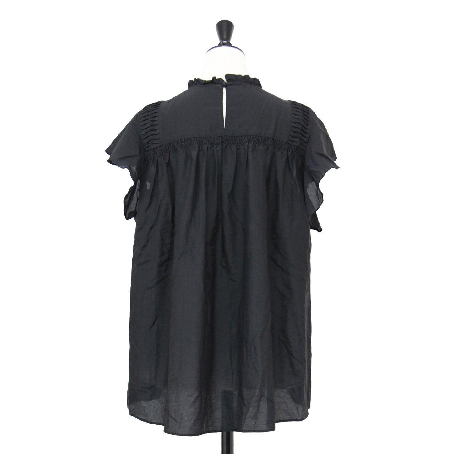 コットン シルク ローン ブラウス / シャツ フレンチスリーブ フリルカラー スモッキング ギャザー Aライン