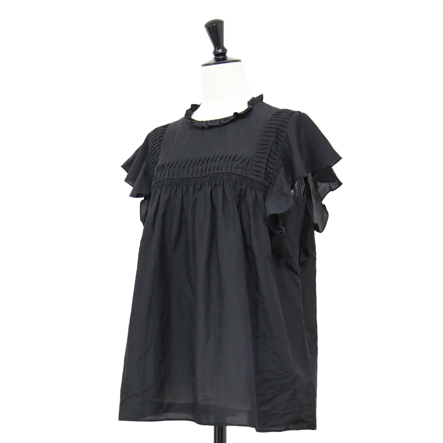 コットン シルク ローン ブラウス / シャツ フレンチスリーブ フリルカラー スモッキング ギャザー Aライン