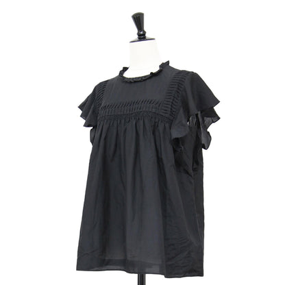 コットン シルク ローン ブラウス / シャツ フレンチスリーブ フリルカラー スモッキング ギャザー Aライン