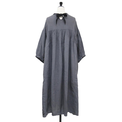 オオカミと霞を漕ぐルビー / ワンピース ロング 5分袖 クルーネック Aライン ギャザー リネン