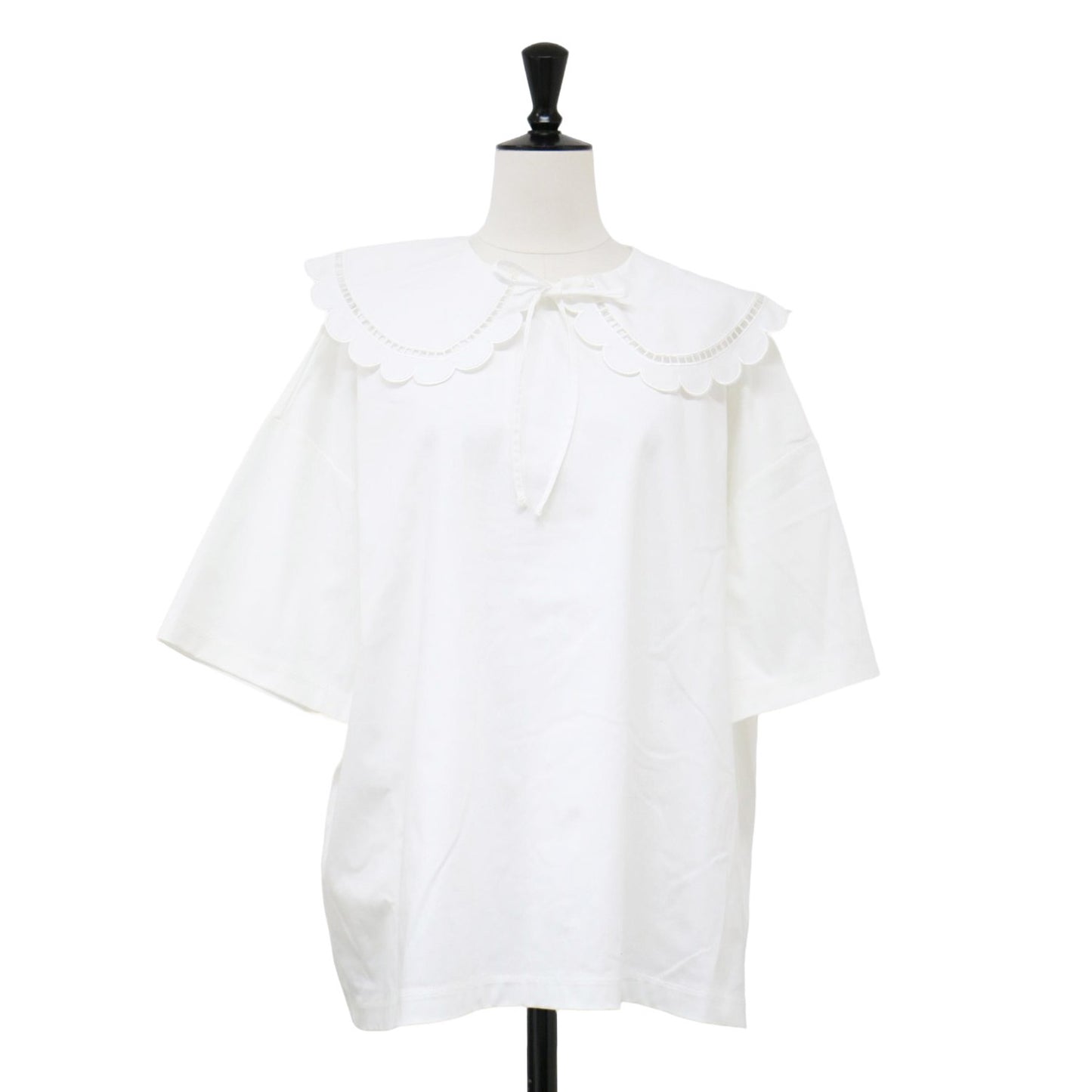 スカラップカラー カットソー / ブラウス 半袖 オーバーサイズ リボン