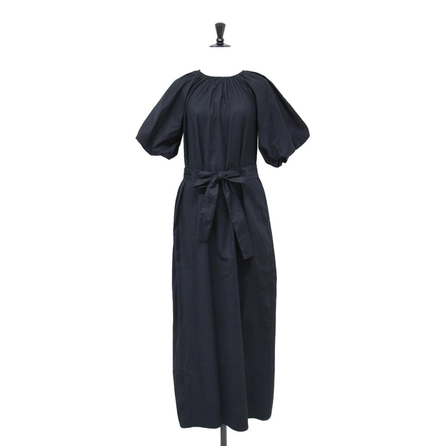 コットン パフスリーブ ロング ワンピース / ギャザー ベルト付き ストレッチ