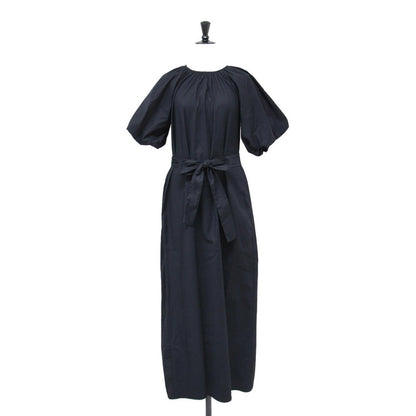 コットン パフスリーブ ロング ワンピース / ギャザー ベルト付き ストレッチ
