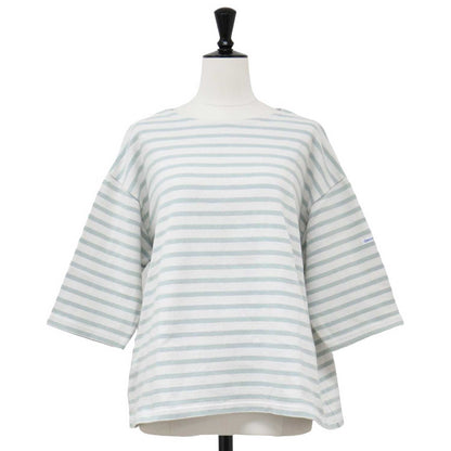 ボーダー クルーネック プルオーバー / Tシャツ カットソー ５分袖 ドロップショルダー コットン