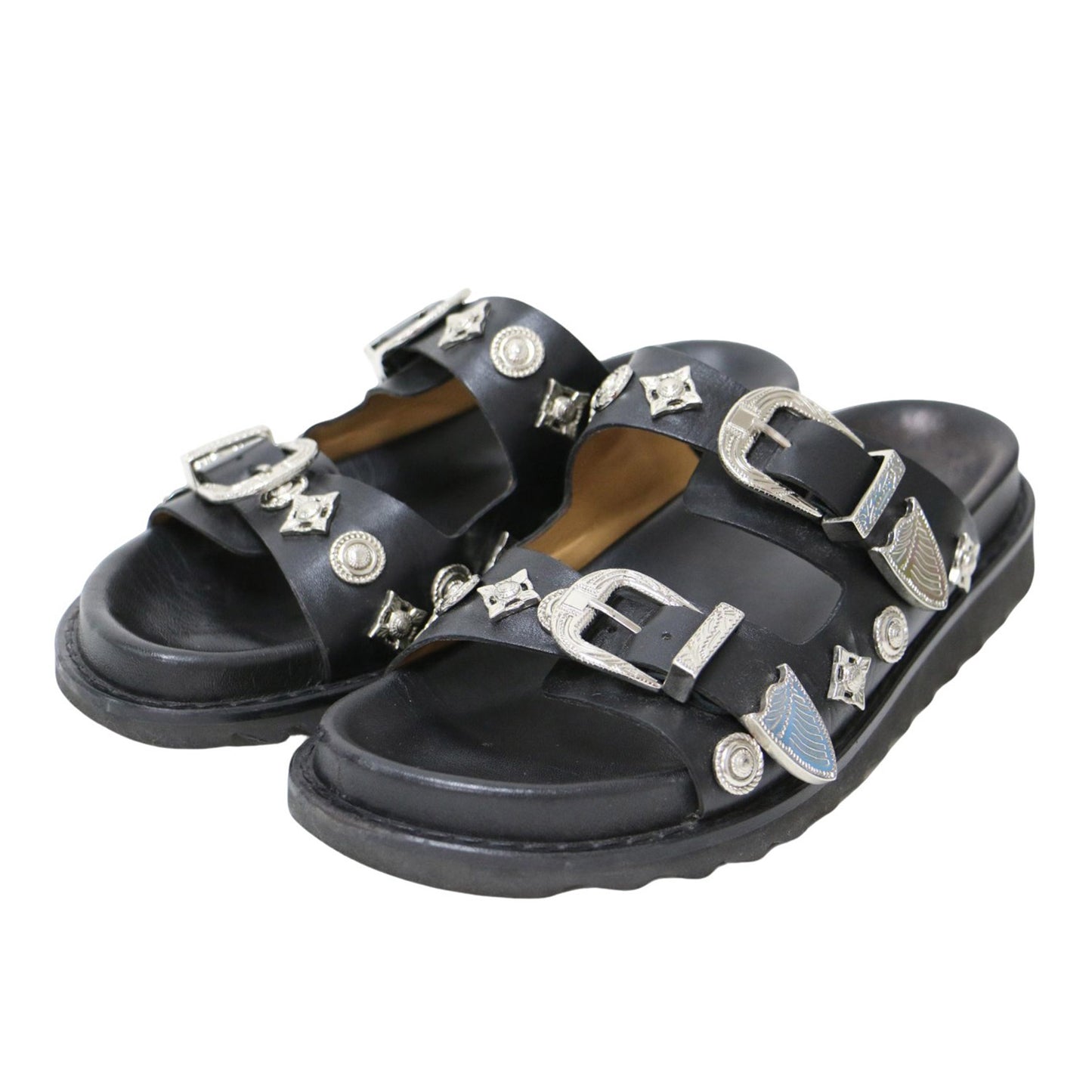 バックル サンダル / BUCKLE SANDALS フラット ダブルベルト スタッズ レザー