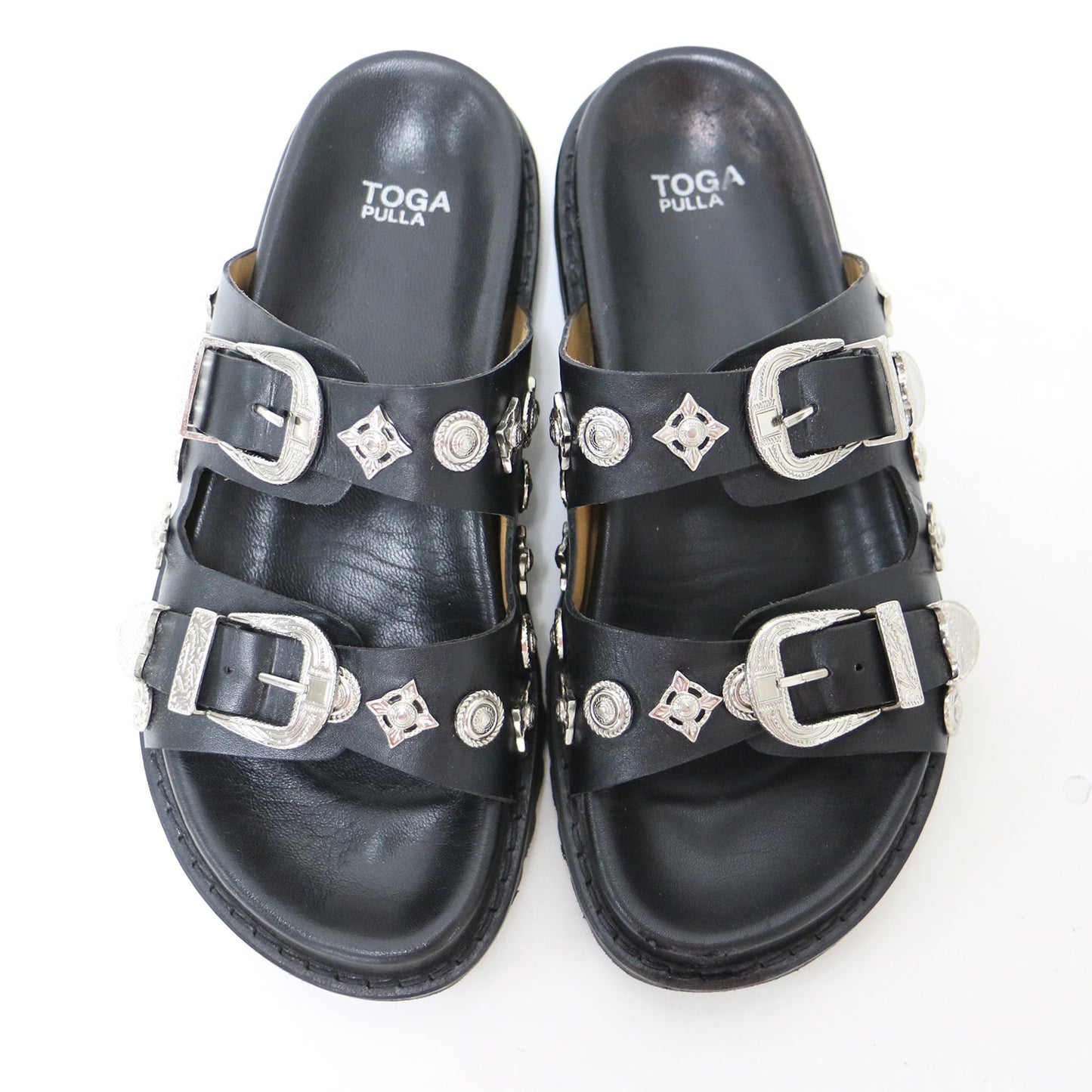 バックル サンダル / BUCKLE SANDALS フラット ダブルベルト スタッズ レザー
