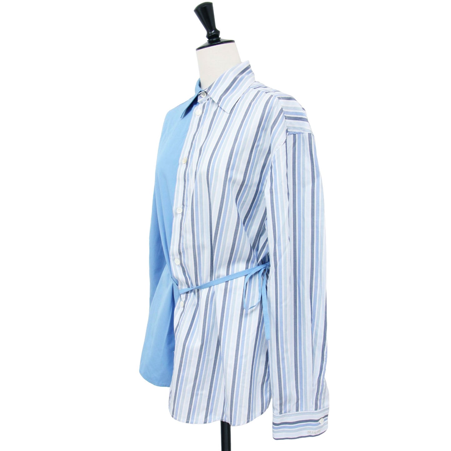 24秋冬 コットン ポプリン ストライプ 切替 シャツ / 長袖 ハーフ&ハーフ ベルト付き