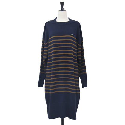 ボーダー ニット ワンピース / 長袖 ミディ丈 ボートネック クロックエンブレム コットン