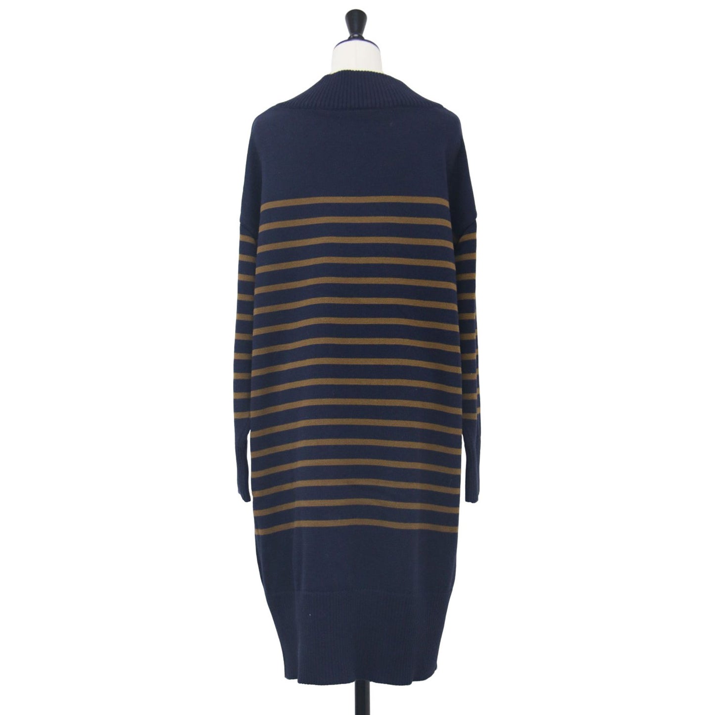 ボーダー ニット ワンピース / 長袖 ミディ丈 ボートネック クロックエンブレム コットン