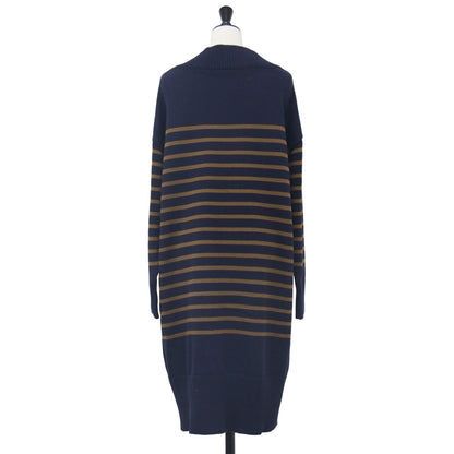 ボーダー ニット ワンピース / 長袖 ミディ丈 ボートネック クロックエンブレム コットン