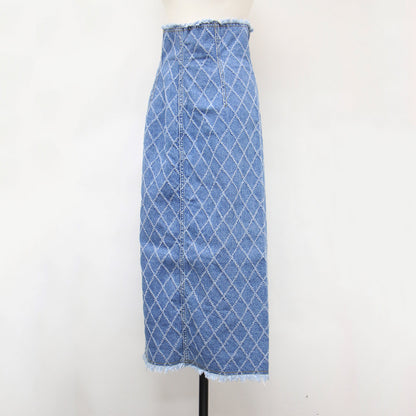 パーファレイテッド デニム スカート / Perforated Denim Skirt ロング丈 ハイウエスト ダイヤ柄 スリット コットン