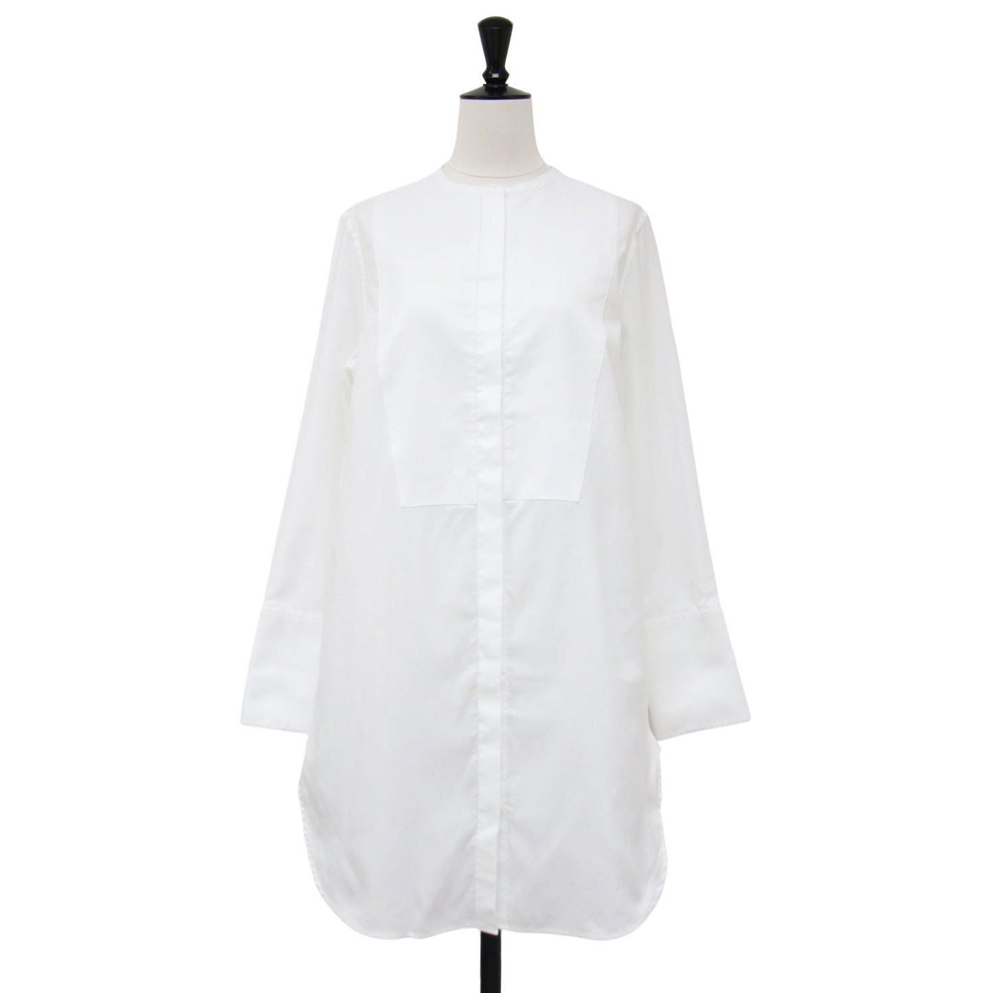 ノーカラー シャツ ワンピース / ミディ丈 ロングシャツ 長袖 スリット コットン
