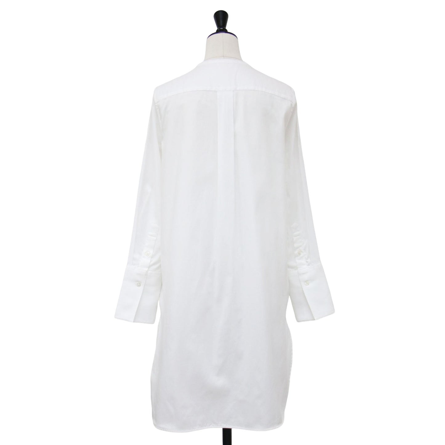ノーカラー シャツ ワンピース / ミディ丈 ロングシャツ 長袖 スリット コットン