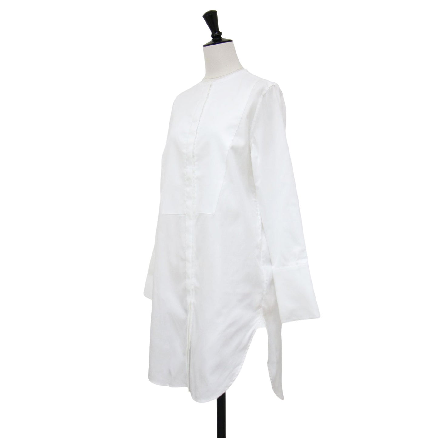 ノーカラー シャツ ワンピース / ミディ丈 ロングシャツ 長袖 スリット コットン