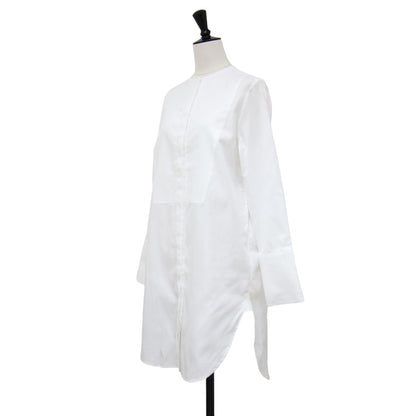 ノーカラー シャツ ワンピース / ミディ丈 ロングシャツ 長袖 スリット コットン