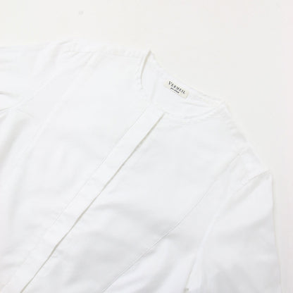 ノーカラー シャツ ワンピース / ミディ丈 ロングシャツ 長袖 スリット コットン