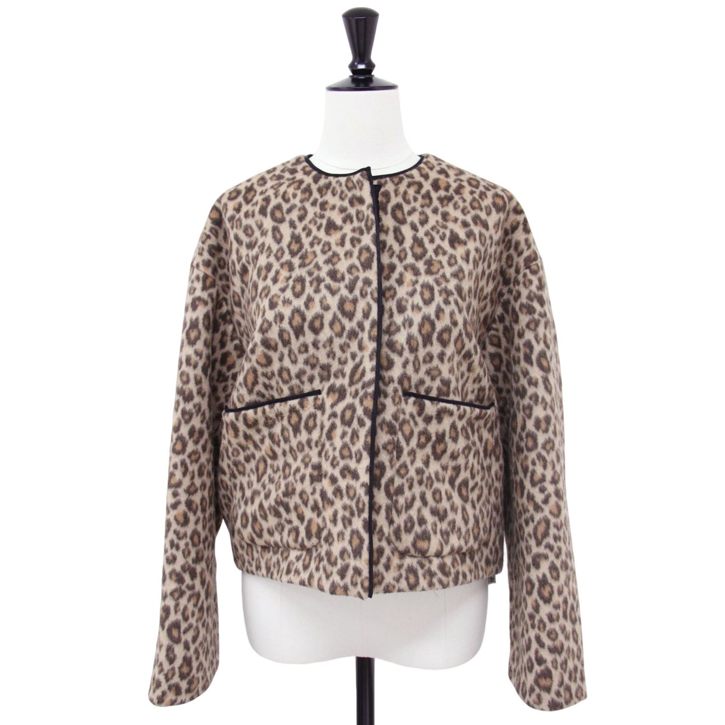 レオパード ビーバー ノーカラー ジャケット / ドロップショルダー ヒョウ柄 ウール