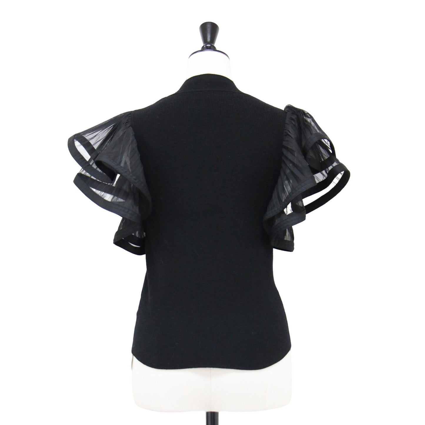 ダブル ラッフルスリーブ ニット / 半袖 ハイネック オーガンジー プリーツ フリル