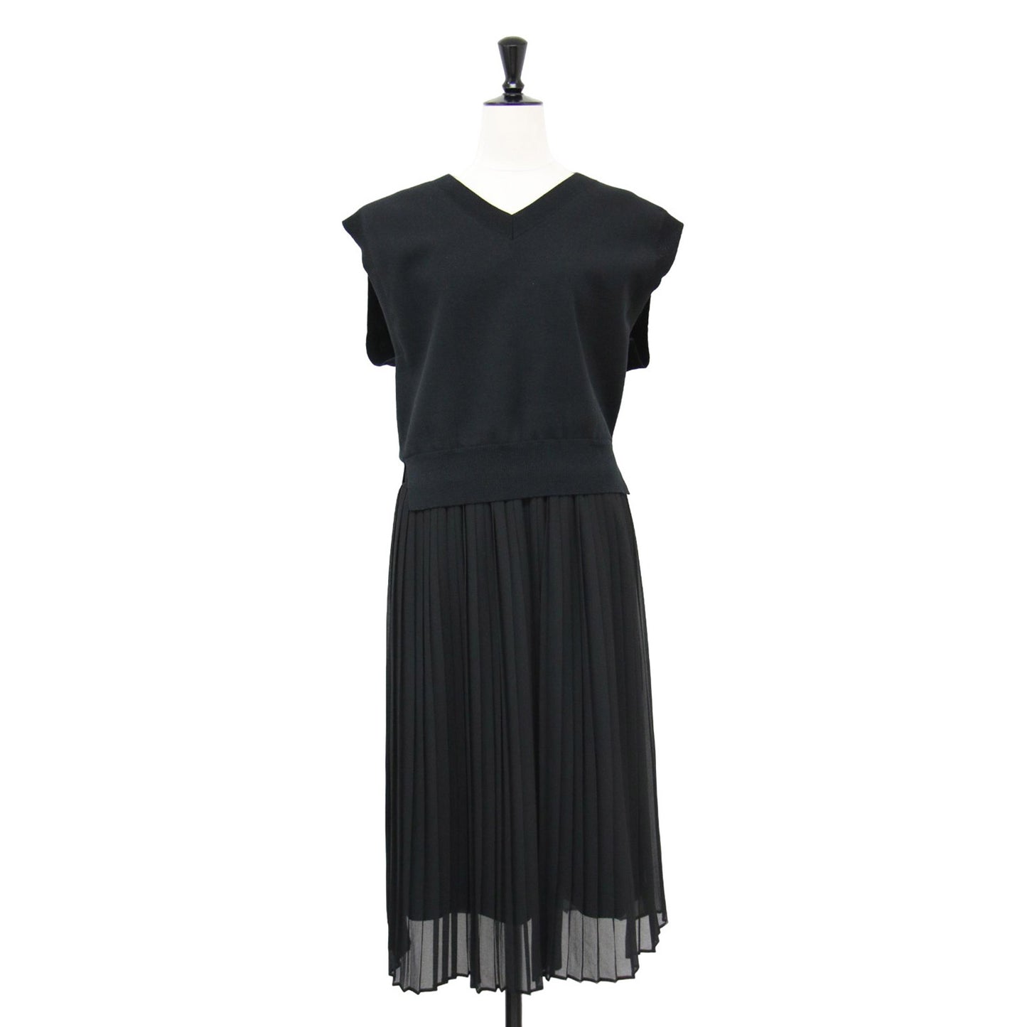 コットン ポリエステル ニット ドレス / ワンピース ミディ丈 ノースリーブ ウエストゴム ドッキング