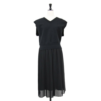 コットン ポリエステル ニット ドレス / ワンピース ミディ丈 ノースリーブ ウエストゴム ドッキング