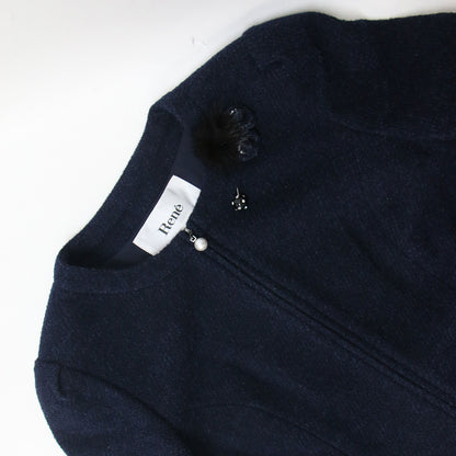 ツイード セットアップ / コサージュ付き ノーカラー ジャケット フレア ミニ スカート