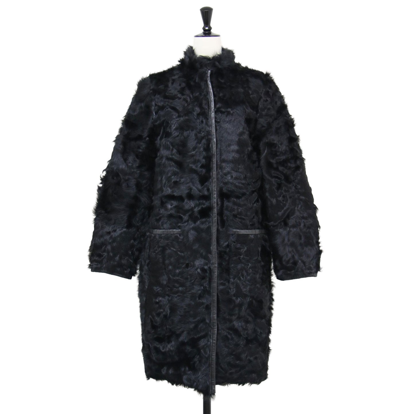 ファー ダウン リバーシブル コート / ロング スタンドカラー ペイズリー柄 カーリーヘア レザーパイピング