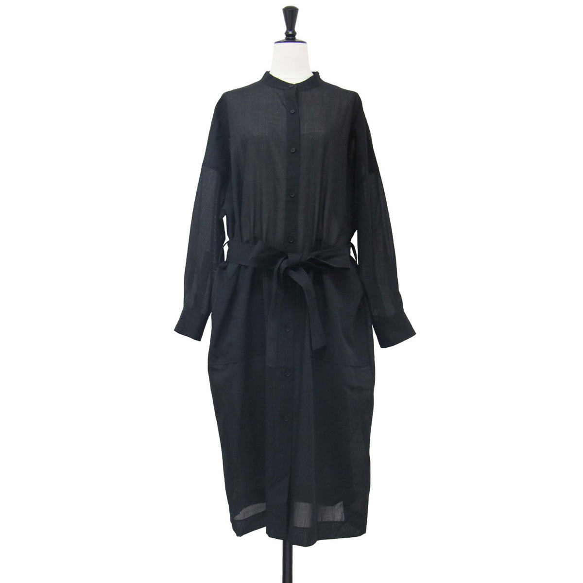 24秋冬 バンドカラー シャツ ワンピース / Viyon Wool Voile Tylin ミディ丈 長袖 ドロップショルダー ベルト ウォッシャブル ウール
