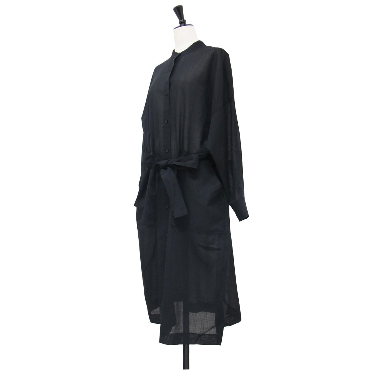 24秋冬 バンドカラー シャツ ワンピース / Viyon Wool Voile Tylin ミディ丈 長袖 ドロップショルダー ベルト ウォッシャブル ウール